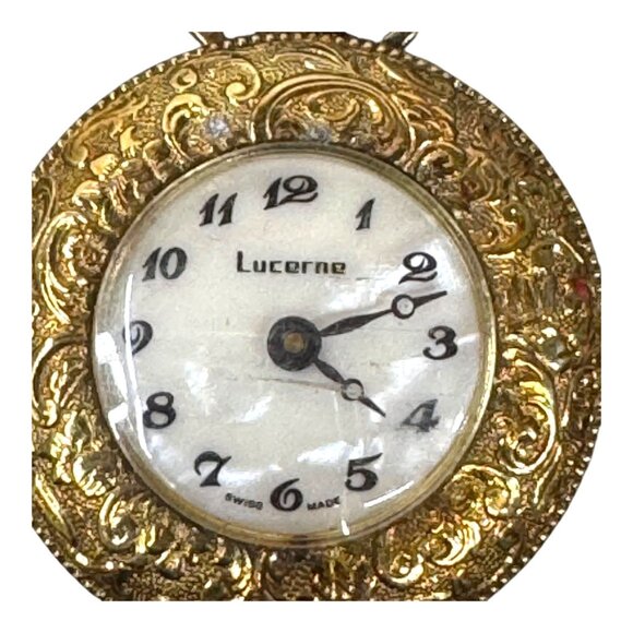 Vintage Lucerne Brooch Watch Swiss Made Gold Tone Etched Face Rhinestones Blue - Picture 2 of 6